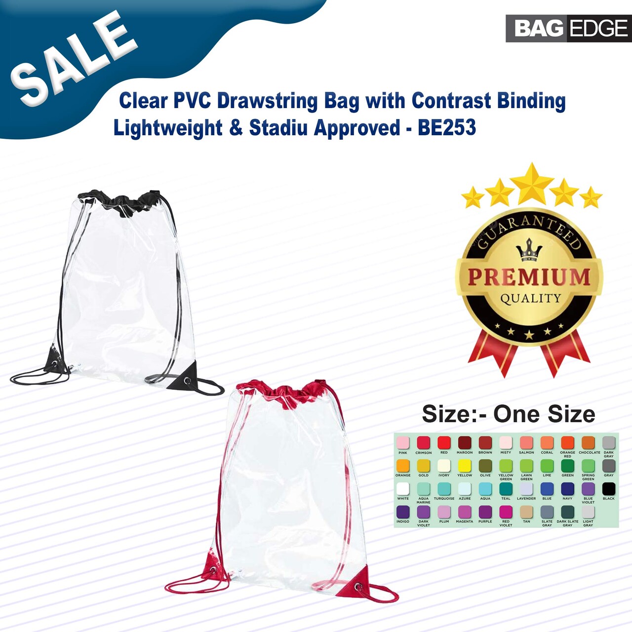 BAGedge® Clear PVC Drawstring Bag with Contrast Binding Lightweight & Stadiu Approved